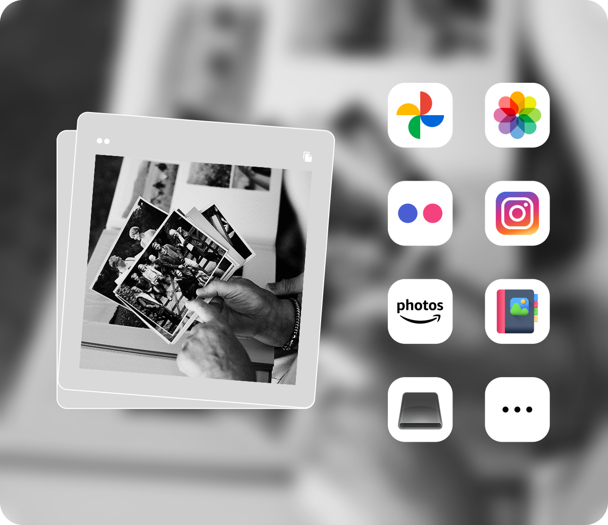 Hand holding printed photos, surrounded by icons for popular photo platforms like Google Photos, Apple Photos, Flickr, Instagram, and more.